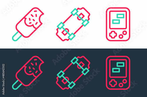 Set line Tetris electronic game, Ice cream and Skateboard icon. Vector