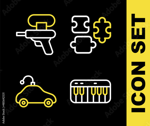 Set line Puzzle pieces toy, Music synthesizer, Radio controlled car and Water gun icon. Vector