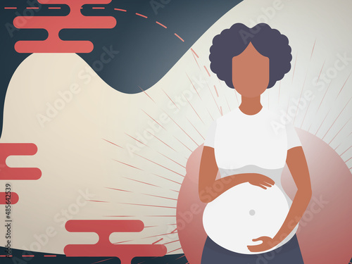 A pregnant woman holds her hands on her stomach. Chinese style banner. Vector.