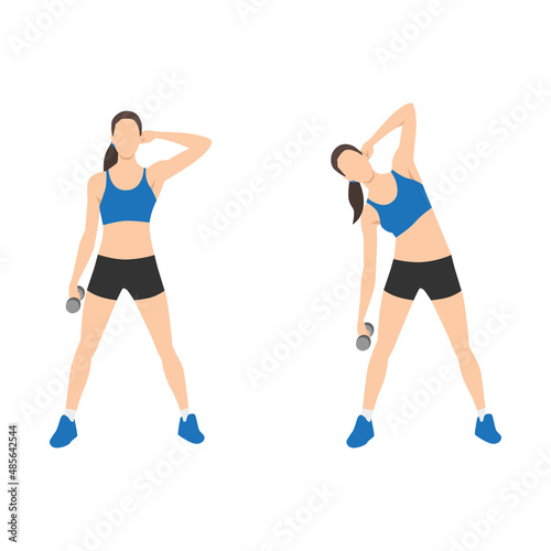 Woman doing Dumbbell side bend exercise. Flat vector illustration isolated on white background