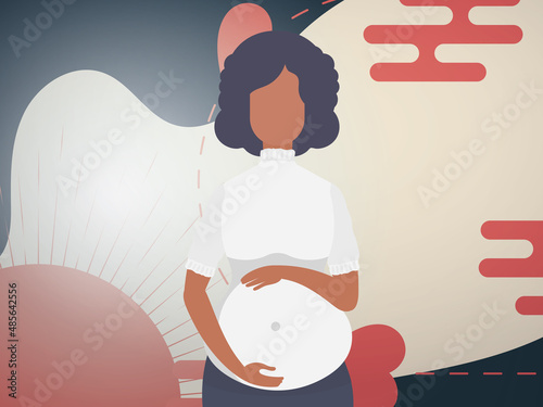 A pregnant woman holds her hands on her stomach. Banner or postcard for you. Vector illustration.
