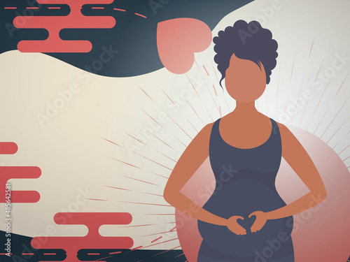 A pregnant woman holds her hands on her stomach. Banner or postcard for you. Vector.