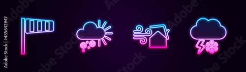 Set line Cone windsock wind vane, Cloudy with snow, Tornado swirl and and lightning. Glowing neon icon. Vector