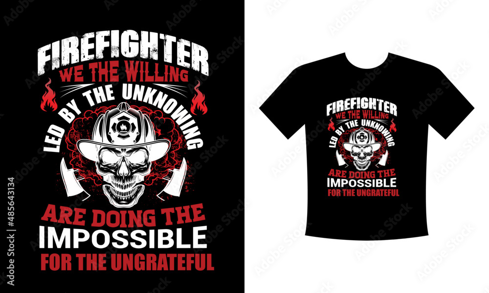 Best Firefighter T-shirt print with firefighter helmet, ax, ladder and vector apparel mockup. Fire department rescue team, emergency service black and white t shirt