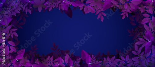 Blue background with frame of purple leaves. Night jungle or summer forest design. Vector poster with border of cartoon foliage in neon colors and copy space in center