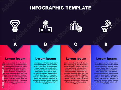 Set line Basketball medal, Sports winner podium, and and basket. Business infographic template. Vector