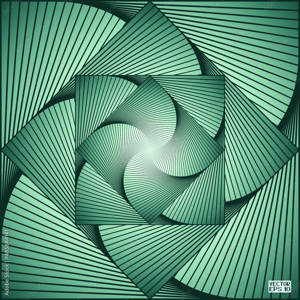 Abstract Green and Turquoise Pattern with Stairs. Spiral Square Wave. Geometric Psychedelic Background. Vector. 3D Illustration