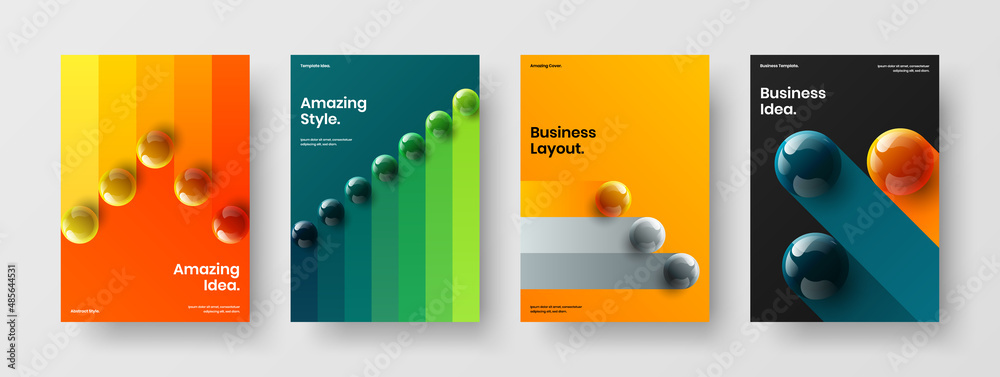 Isolated realistic balls annual report template composition. Simple corporate cover design vector illustration set.