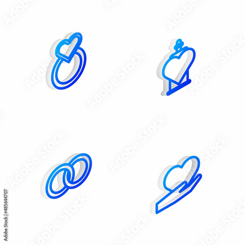 Set Isometric line Bottle with love potion, Wedding rings, and Heart hand icon. Vector