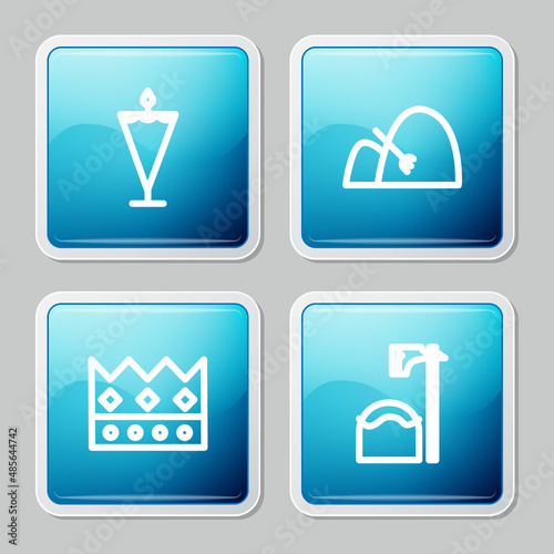 Set line Medieval flag, Bale of hay and rake, King crown and Executioner axe tree block icon. Vector