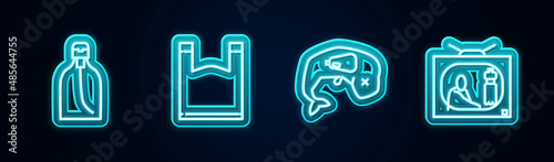 Set line Bottle of liquid soap, Plastic bag, Environment protection whale dead and Stop plastic pollution. Glowing neon icon. Vector