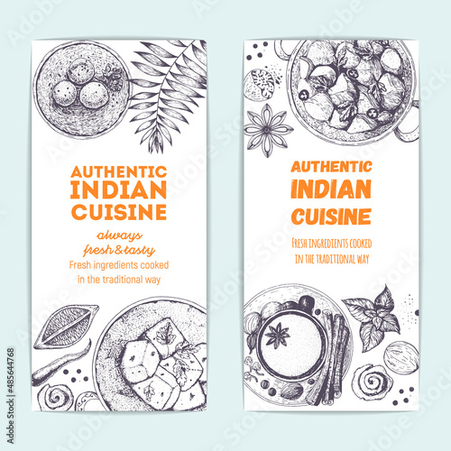 Indian food vintage design template. Banners collection. Vector illustration hand drawn linear art. Indian Cuisine restaurant menu flyers. Hand drawn sketch.