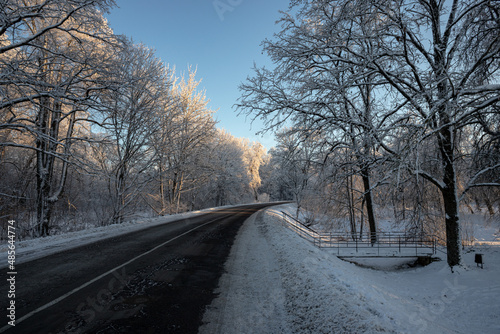 winter landscape with cleaned asphalt road, snow covered road sides and trees, blue sky, golden morning sunrise light, bright perspective in Latvian countryside