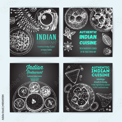 Indian food vintage design template. Banners collection. Vector illustration hand drawn linear art. Indian Cuisine restaurant menu. Hand drawn sketch.