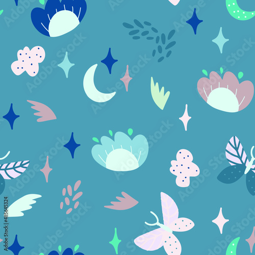 Abstract flowers and leaves seamless pattern on dark blue background