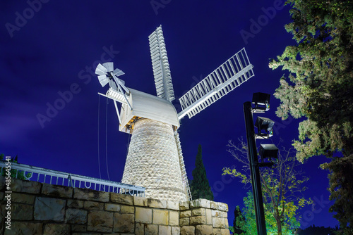 Night view of the Montefiore Windmill, Jerusalem photo