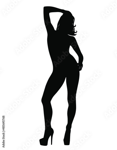 Vector silhouette of beautiful woman. Sexy pinup girl standing in dancing shoes.  Beauty and fashion model icon isolated on white background.