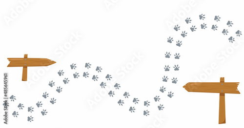 Animal foot print direction point for map with wooden pointer. Vector stock illustration isolated on white background for trajectory graphic template. 