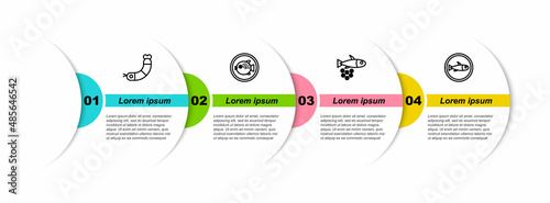 Set line Shrimp, Puffer fish on a plate, Fish with caviar and Served. Business infographic template. Vector