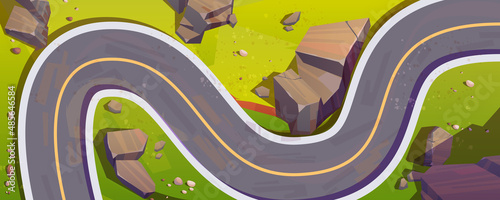 Top view of winding car road, mountain serpentine. Vector cartoon illustration of aerial view of summer landscape with curve asphalt highway, green grass and rocks