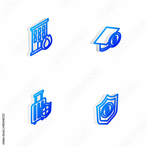 Set Isometric line Graduation cap and coin, Fire burning house, Travel suitcase with shield and Shield dollar icon. Vector