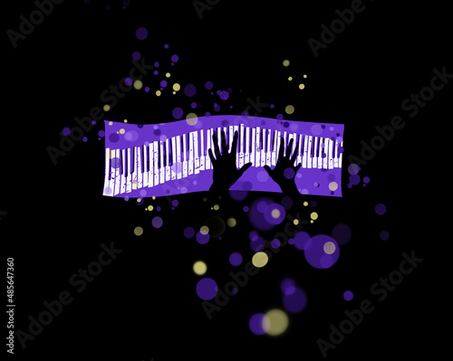 Canvas Print A piano keyboard being played by hands emanates bokeh bubbles to represent the music in this 3-d illustration