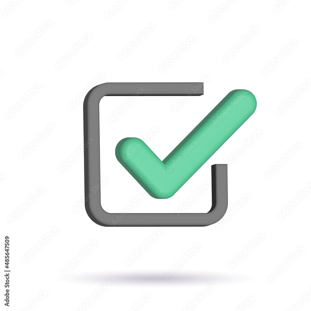 Green check mark 3d icon. Agreement symbol of user approval. Positive online voting and successful testing. Green check mark 3d icon. Agreement symbol of user approval. Positive online voting and successful testing.