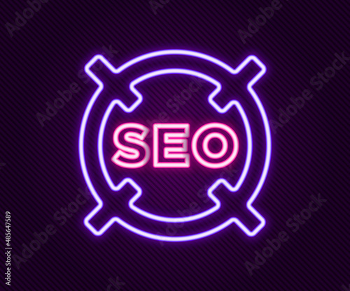 Glowing neon line SEO optimization icon isolated on black background. Colorful outline concept. Vector