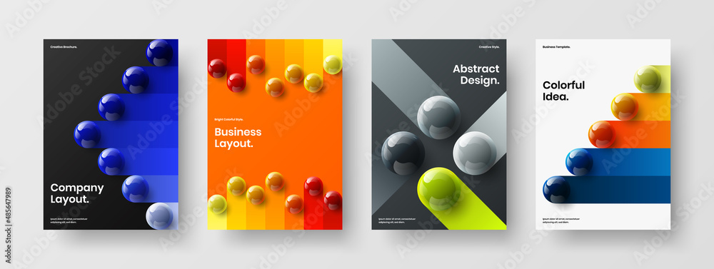 Vivid book cover design vector illustration composition. Minimalistic 3D spheres presentation concept bundle.