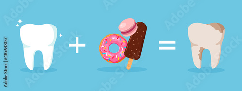 Harm of sweets for teeth. Sensitive yellow caries tooth after desserts. Ice cream, macaron, donut. Vector illustration isolated on blue background.	