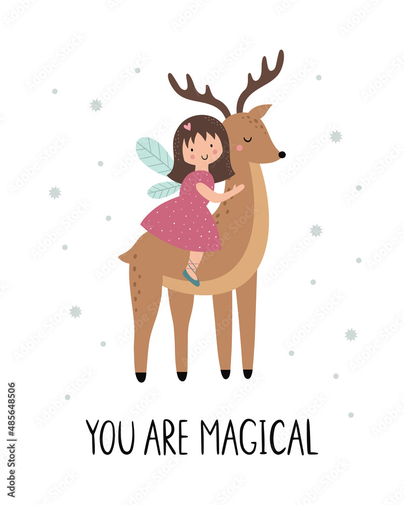 A cute little fairy is sitting on a deer. A beautiful girl in a dress. Vector illustration for T-shirt print, nursery decor, poster, postcard, invitation A cute little fairy is sitting on a deer. A beautiful girl in a dress. Vector illustration for T-shirt print, nursery decor, poster, postcard, invitation