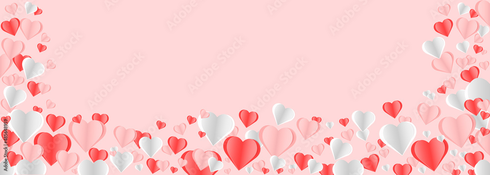  Hearts in paper cut out style  with place for your text in gentle colors. Banner, announcement, coupon, online post, promotion. St. Valentine's Day. 