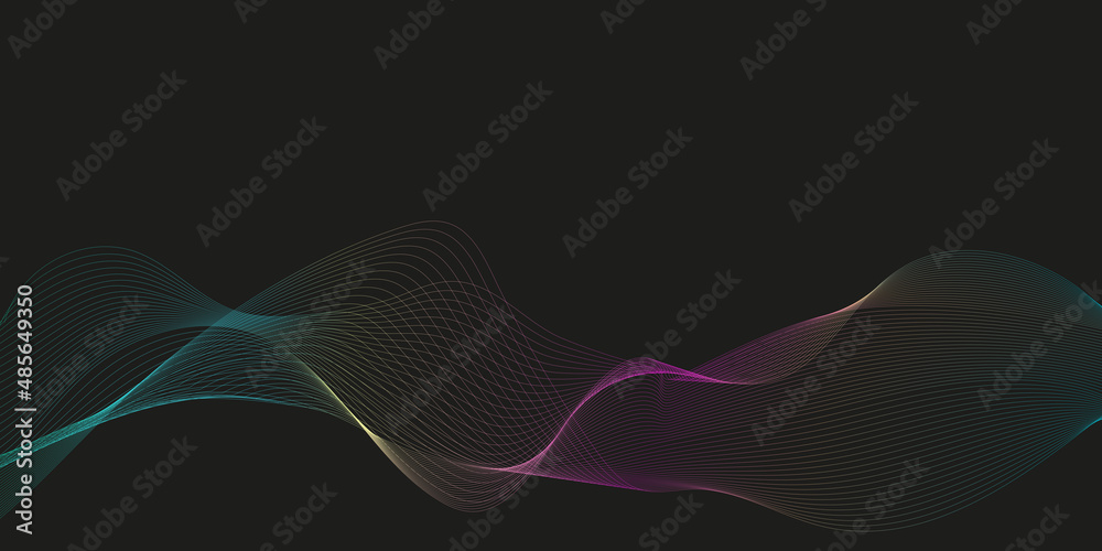 Wave of the many rainbow colored lines. Abstract wavy stripes on a black background isolated. Creative line art.