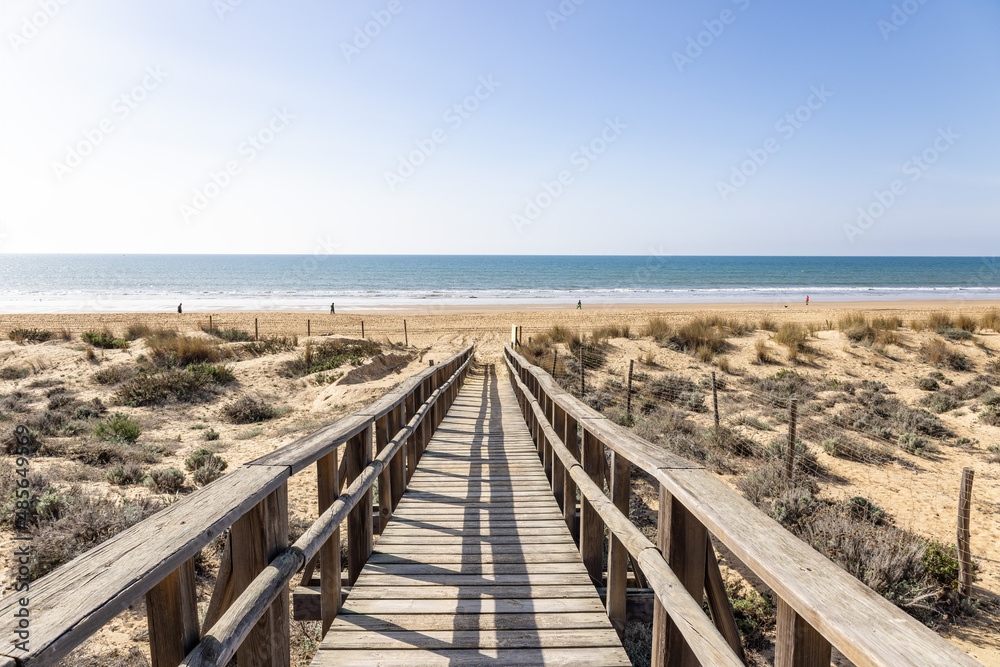 Wooden pathway over dunes and pines at beach in Punta Umbria, Huelva. Los Enebrales beach - obrazy, fototapety, plakaty 