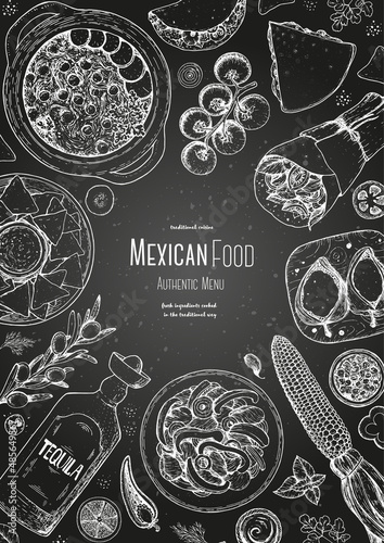 Mexican food top view frame. A set of mexican dishes with pozole, quesadillas, tacos, burrito. Food menu design template. Vintage hand drawn sketch vector illustration. Mexican cuisine engraved image.
