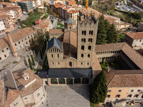 Aerial view of Santa Maria de Ripoll monastery, an ornate medieval church in Girona, Spain,. photo