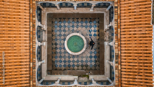 Aerial view of the internal courtyard of Cartoixa d'escalades, a gothic monastery in Terragona, Spain.