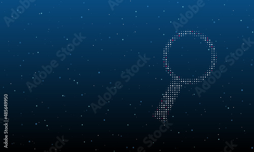 On the right is the magnifier symbol filled with white dots. Background pattern from dots and circles of different shades. Vector illustration on blue background with stars