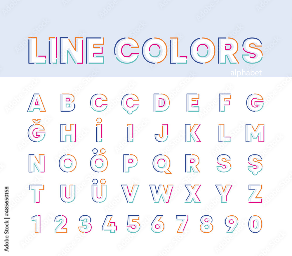 Abstract creative alphabet, colorful linear alphabet set. Modern alphabet lines with new pop art colors. Font number template. Set thin line clean style to design.