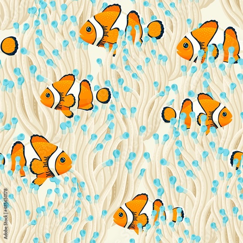 Clown fish and anemone vector seamless pattern