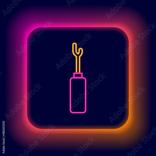 Glowing neon line Awl tool with wooden handle icon isolated on black background. Work equipment tailor industry. Colorful outline concept. Vector
