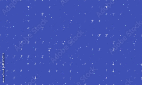 Seamless background pattern of evenly spaced white figure skating symbols of different sizes and opacity. Vector illustration on indigo background with stars