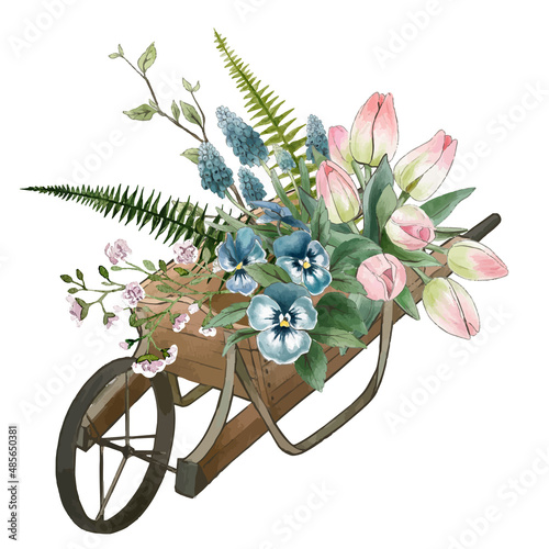 Gardening composition, vintage watercolor art, hand drawn