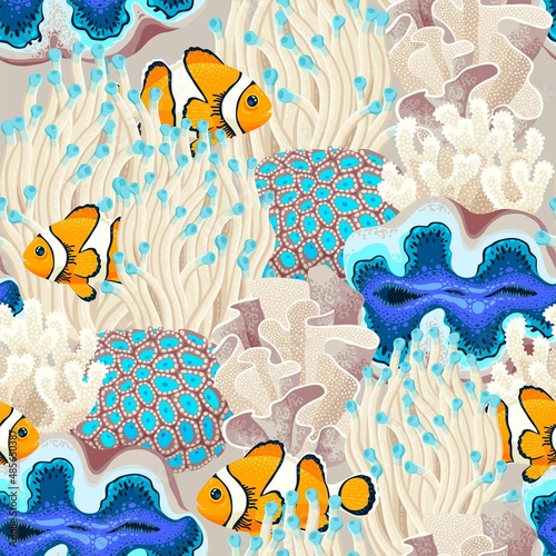 Fototapeta Naklejka Na Ścianę i Meble -  Vector seamless tropical pattern with coral reef