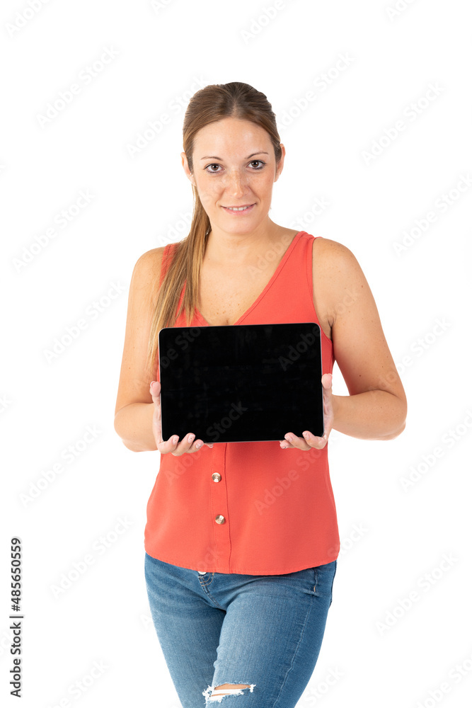 Young woman with a red shirt showing a black screen tablet on a white background Young woman with a red shirt showing a black screen tablet on a white background