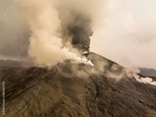 Aerial view of Cumbre Vieja volcano during an eruption with magma and lava in La Palma island, Canary Islands, Spain. photo