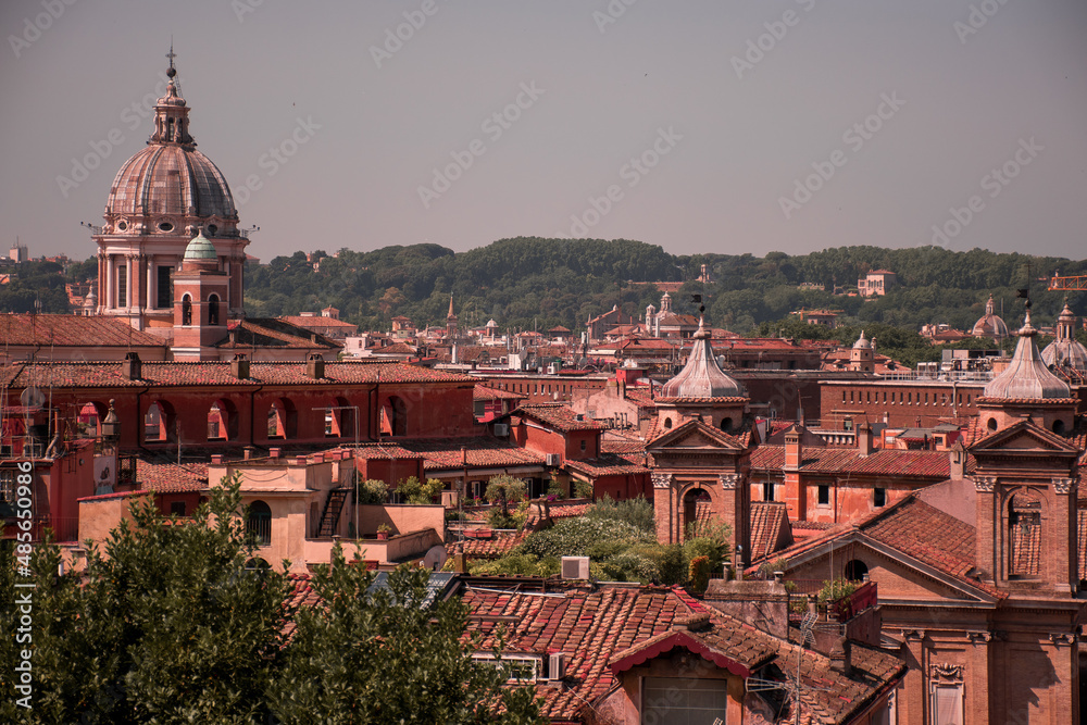 Panoramic view on Rome from Borghese Gardens.
Summer in Italy.