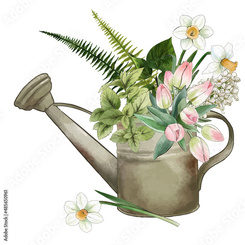 Gardening composition, vintage watercolor art, hand drawn