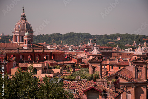 Panoramic view on Rome from Borghese Gardens. Summer in Italy.