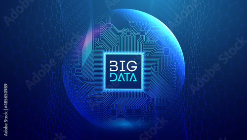 Electronic circuit board in sphere shield. Big Data and Data Science Blue technology network vector illustration with hexagonal wave background.